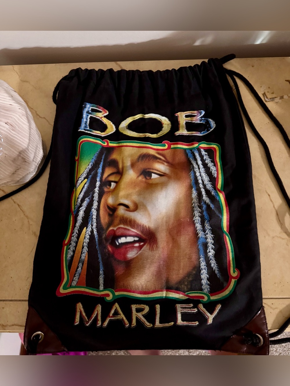 Bob Marley Double Sided Graphic Drawstring Backpack with Reggae Portrait NWOT